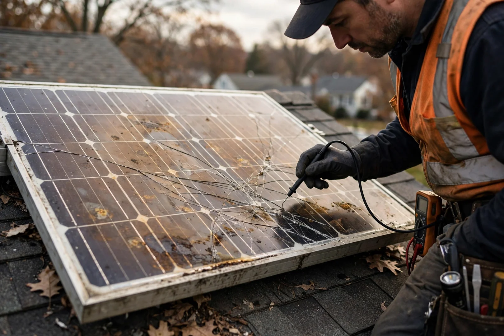 Close-up of a cracked photovoltaic module with browning cells on a residential roof