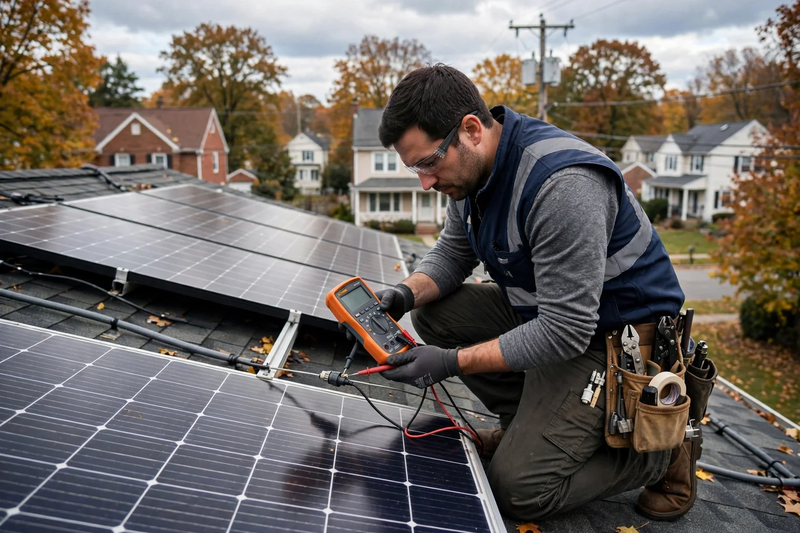 Solar technician testing string voltage at a rooftop array in Fair Lawn