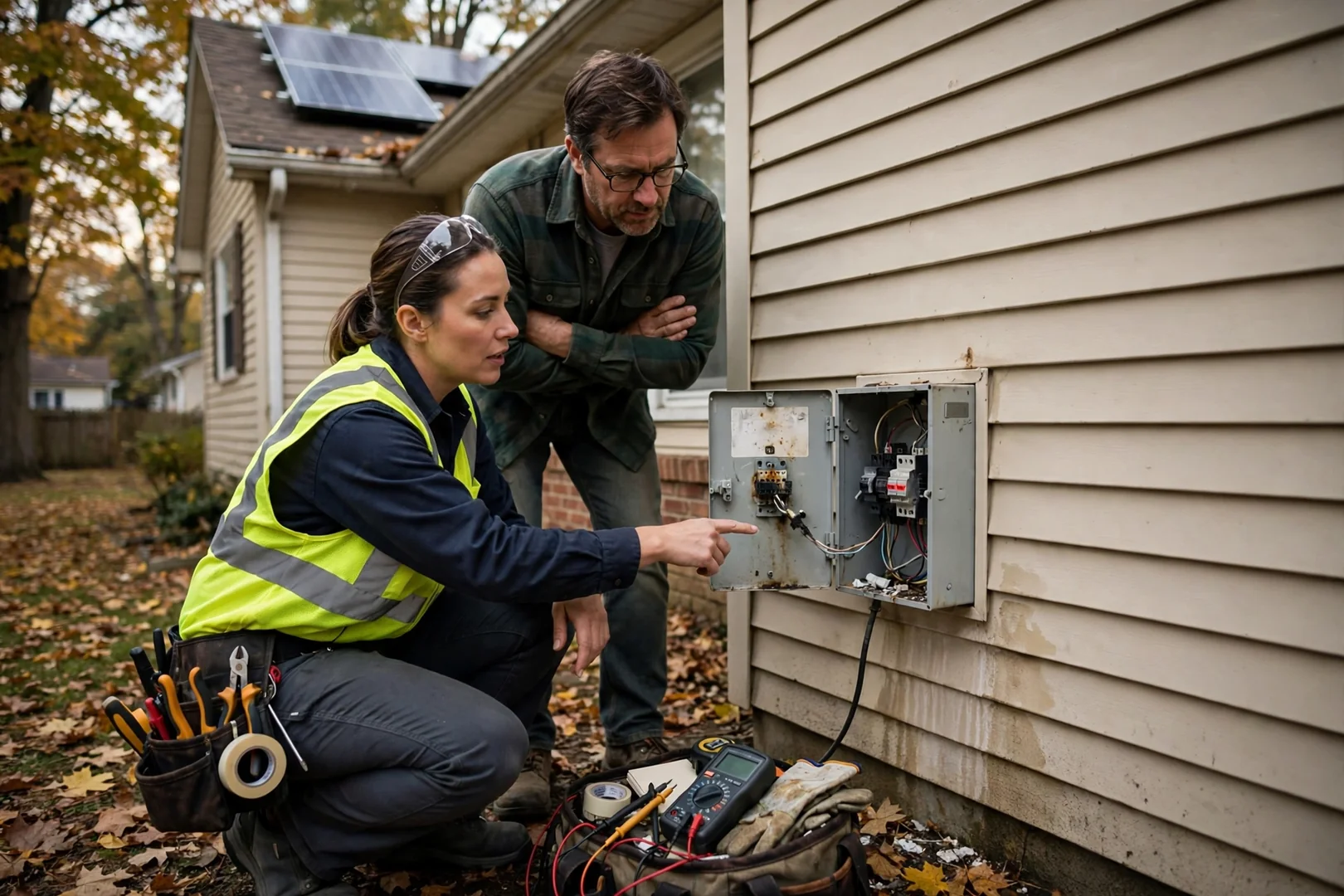 Technician checking inverter readings during a solar maintenance visit on a Fair Lawn home