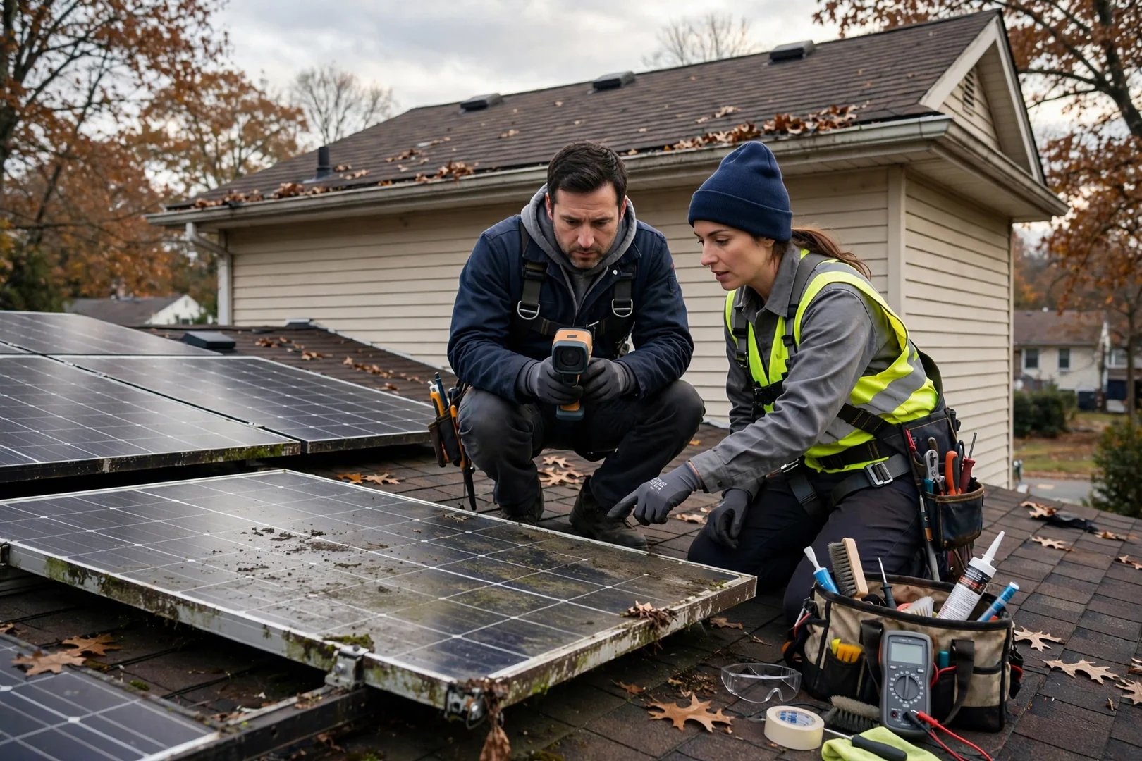 Solar technician testing rooftop panel wiring during a maintenance visit in Fair Lawn