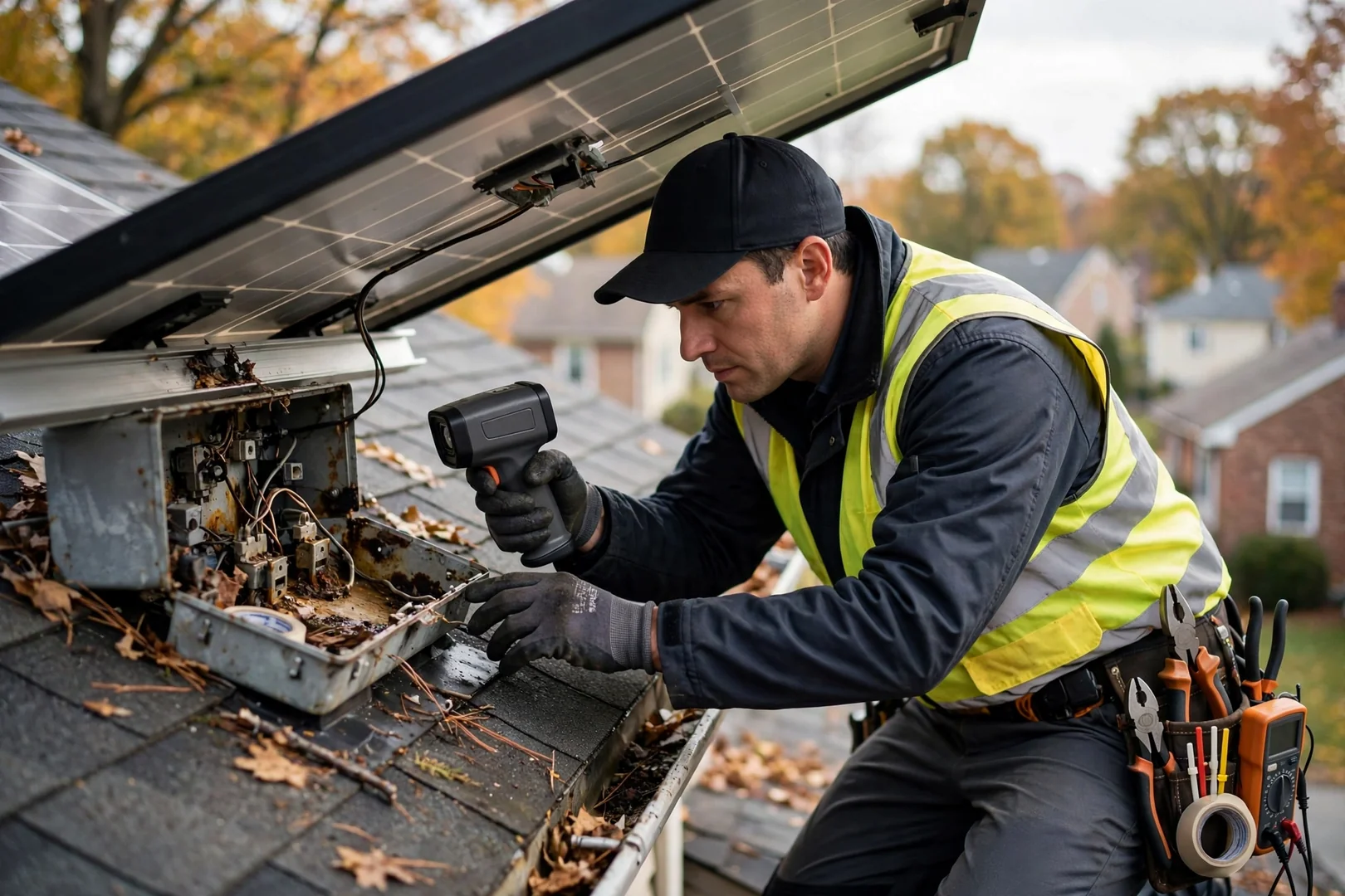 Handheld meter checking string voltage on a solar array