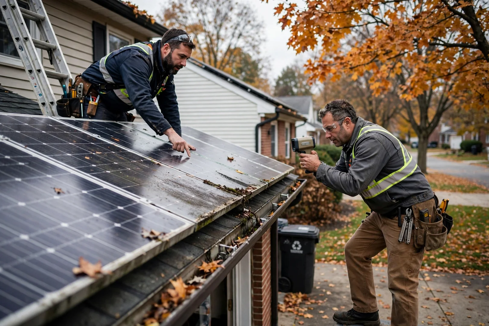 Technician testing inverter connections during solar maintenance on a Fair Lawn rooftop array