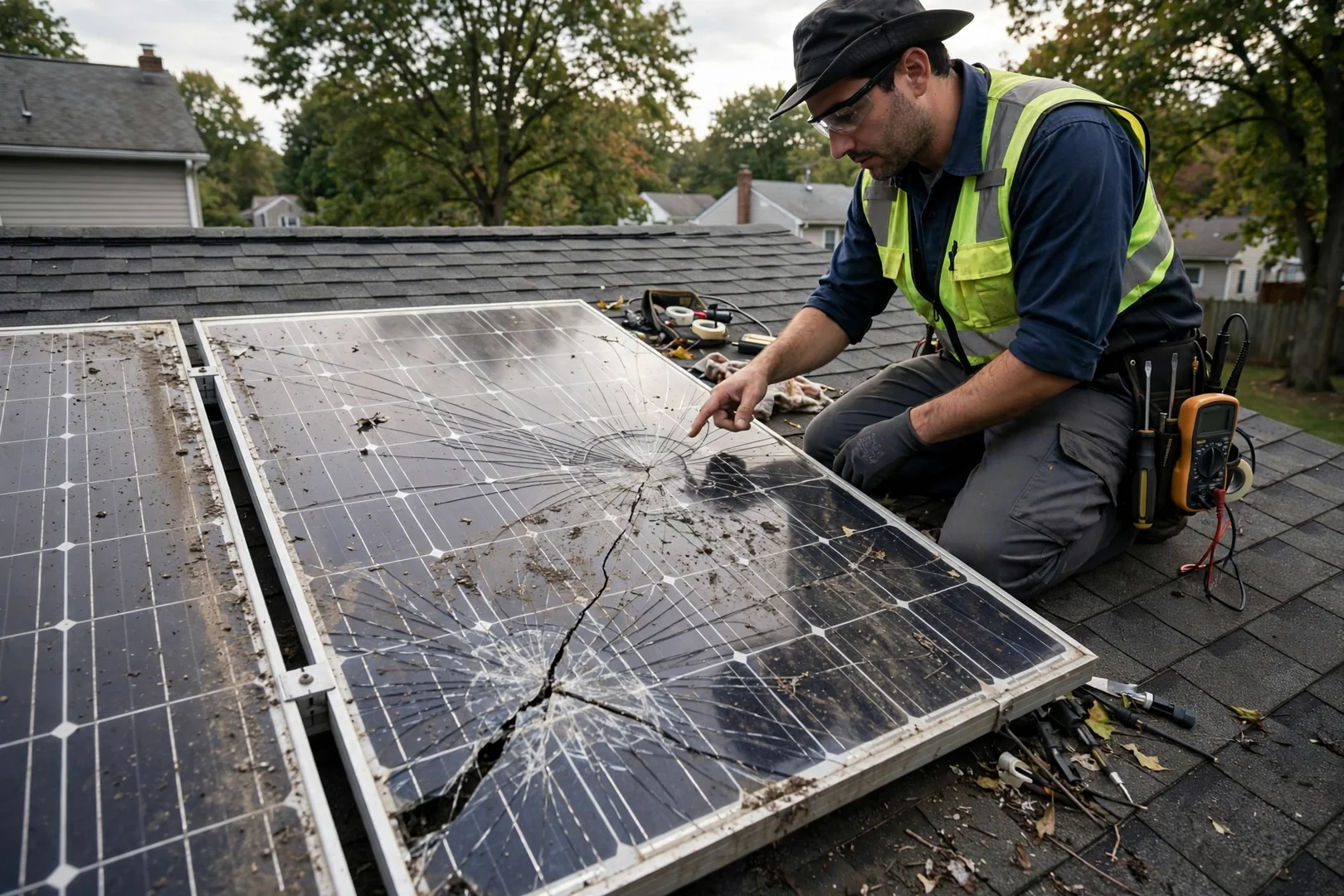 Cracked solar module and soiled glass surface identified during a rooftop inspection
