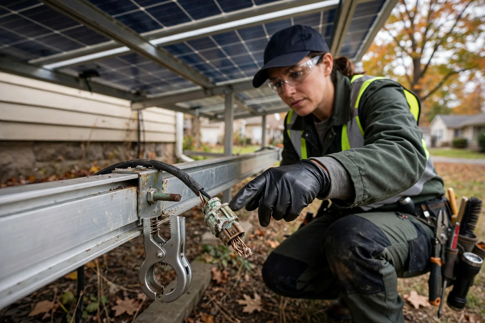 Loose racking clamp and corroded wiring connector found beneath a residential solar array